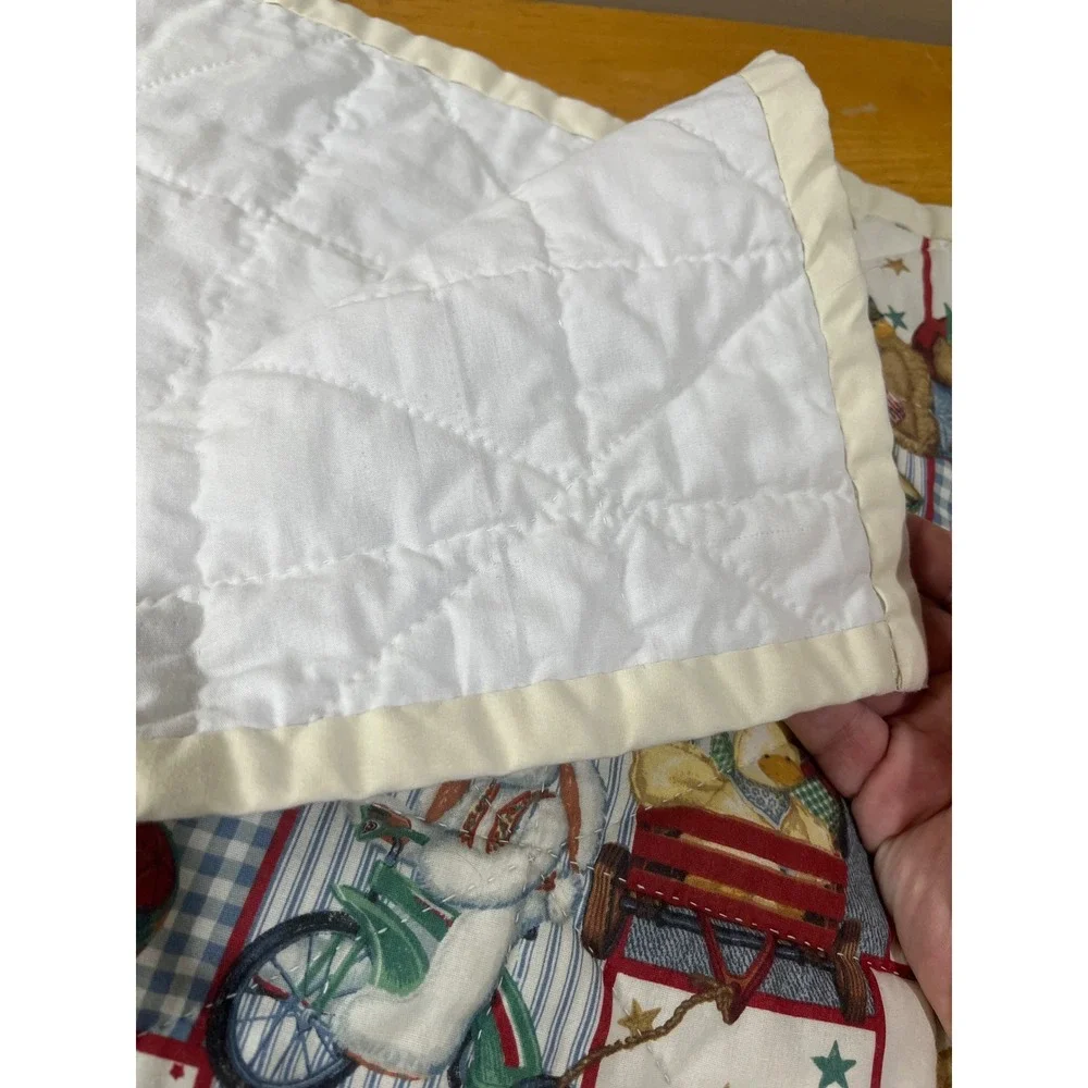 Vtg 90s Teddy Bear Quilt Americana Nursery Blanket Sailboats Blue Jeans 46x43
